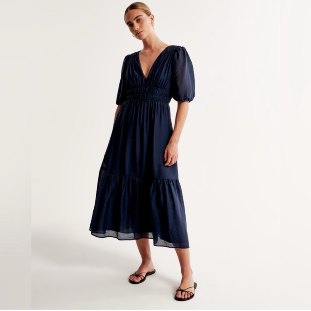 Abercrombie & Fitch Navy Puff-Sleeve Tiered Midi Dress